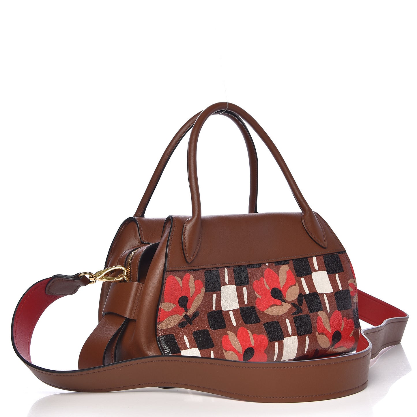 Goatskin Floral Print Bibliotheque Top Handle Tabacco