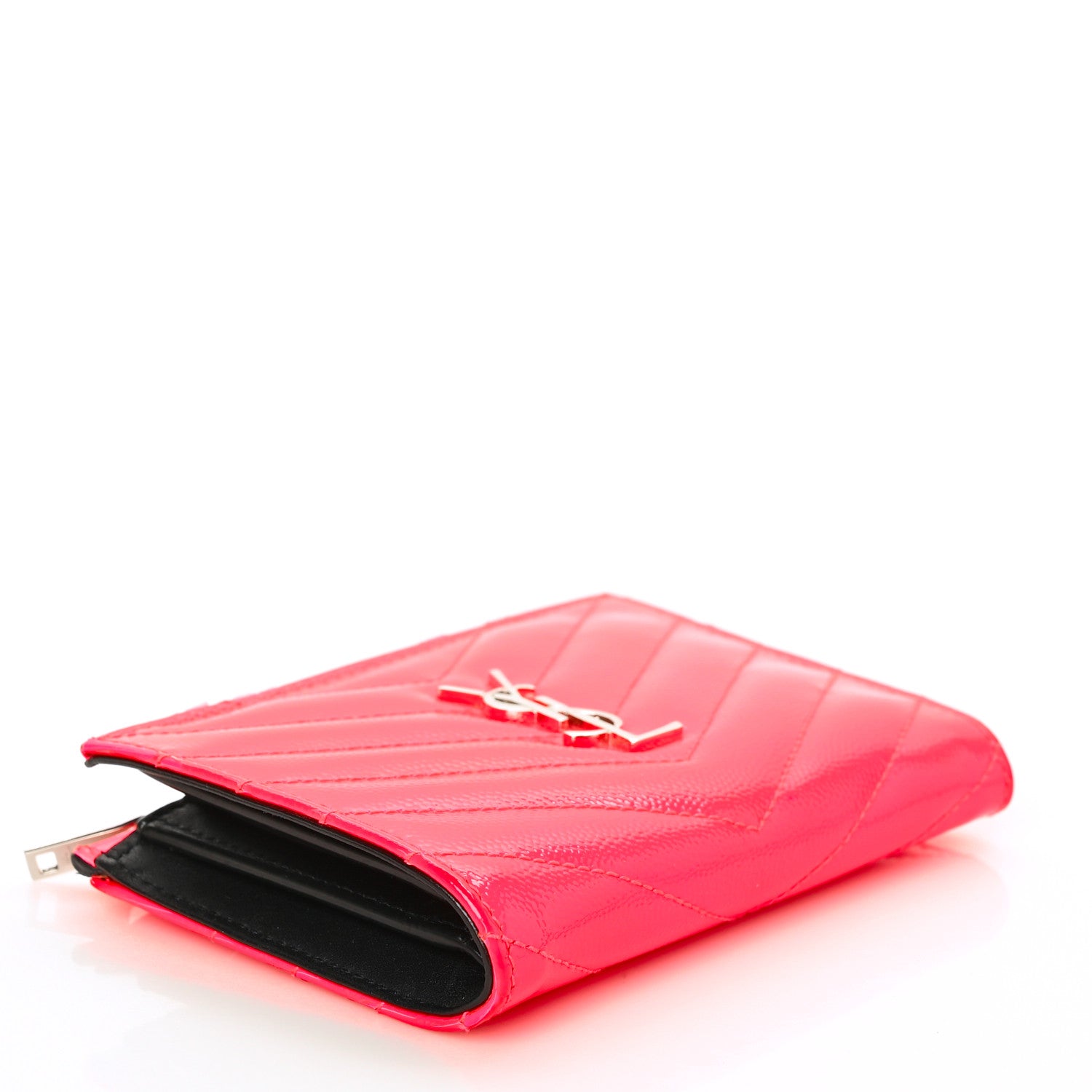 Saint Laurent Patent Grain De Poudre Matelasse Chevron Monogram Zipped Two-Part Wallet Neon Pink 4 of 7