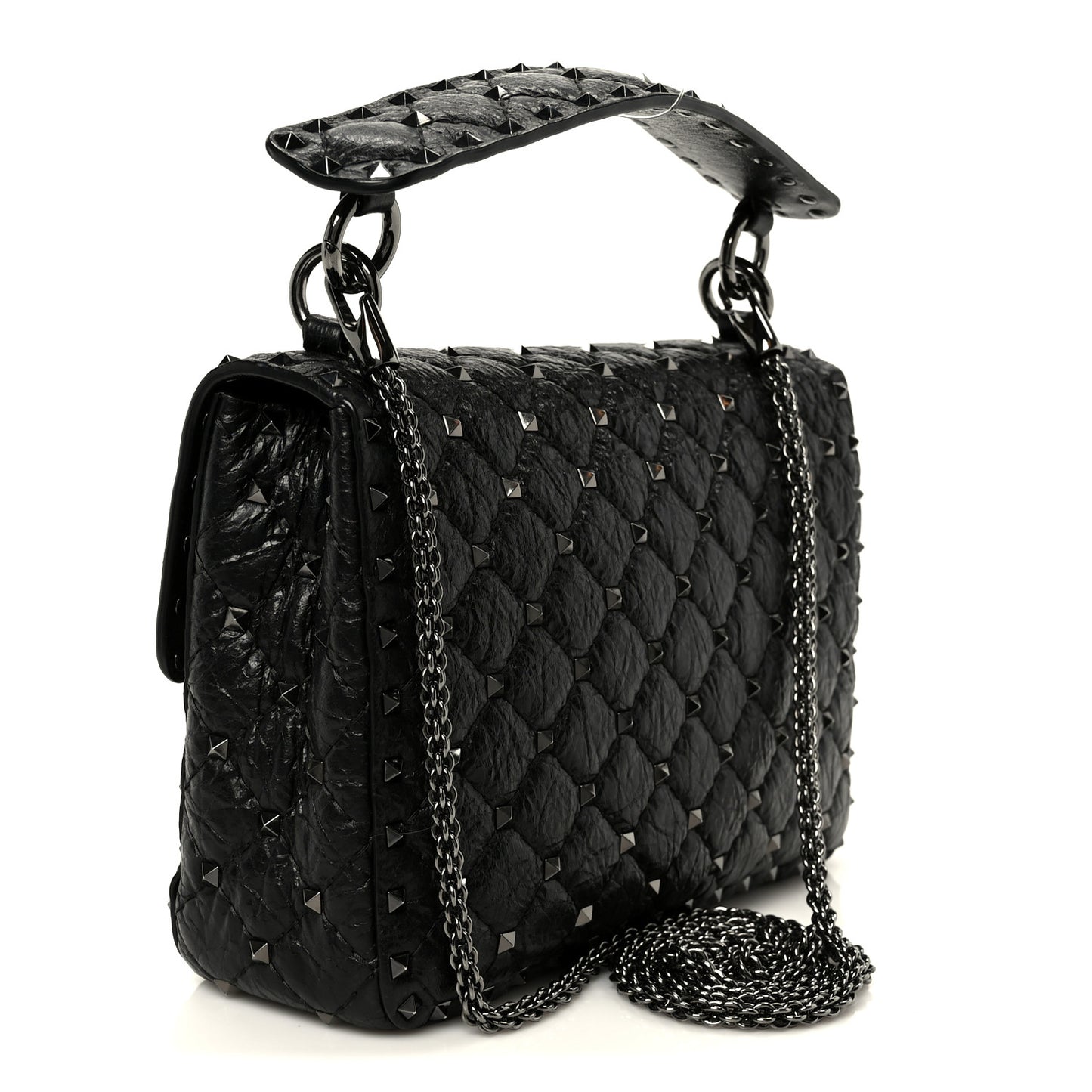 Craquele Nappa Medium Rockstud Spike Shoulder Bag Black