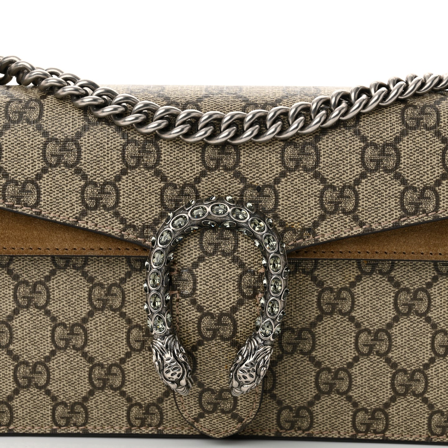 GG Supreme Monogram Suede Crystal Small Dionysus Shoulder Bag Beige Ebony Taupe