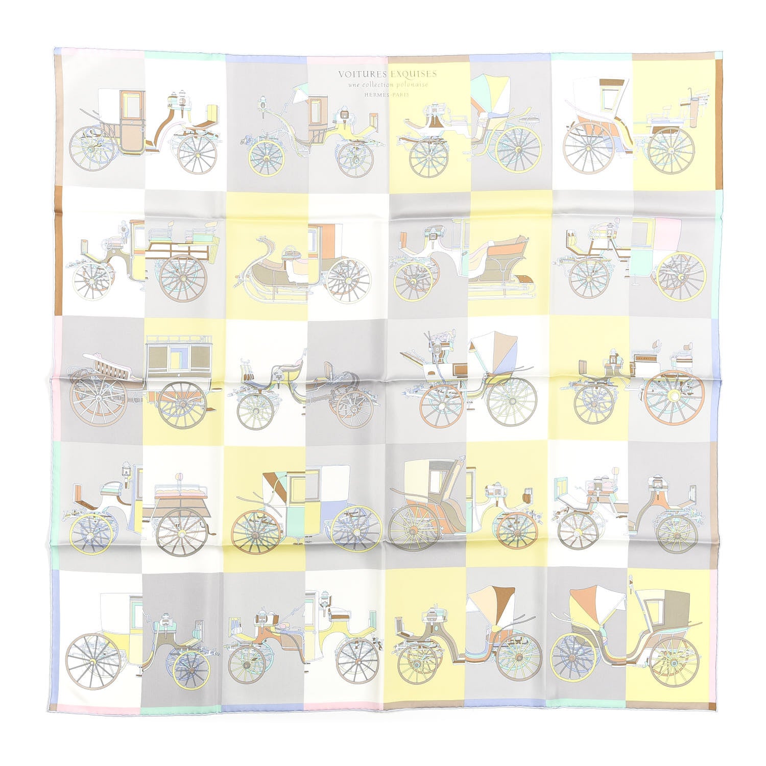 Hermes Silk Voitures Exquises Scarf 90 Gris Perle Jaune 1 of 4