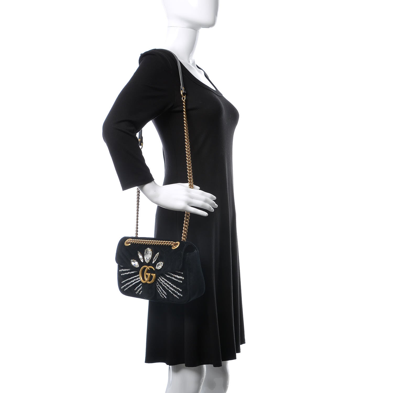 Gucci Velvet Matelasse Marquise Crystals Embroidered Small GG Marmont Shoulder Bag Black 2 of 10