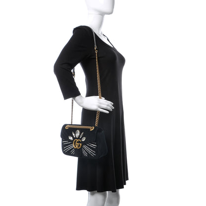 Gucci Velvet Matelasse Marquise Crystals Embroidered Small GG Marmont Shoulder Bag Black 2 of 10