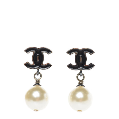 Chanel Pearl Enamel CC Drop Earrings Black 1 of 5