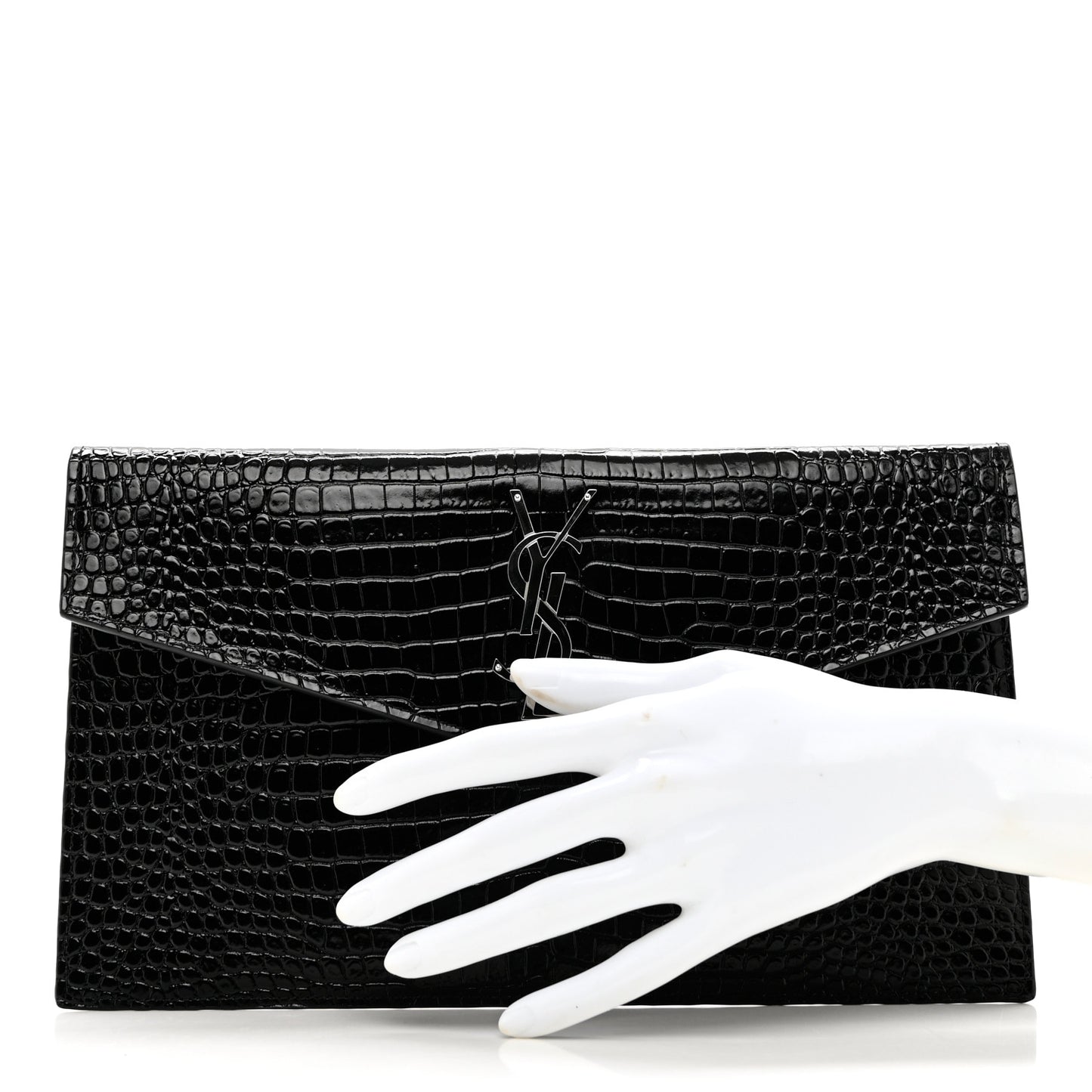 Calfskin Crocodile Embossed Uptown Monogram Clutch Black