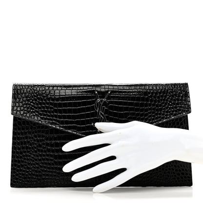 Saint Laurent Calfskin Crocodile Embossed Uptown Monogram Clutch Black 2 of 7
