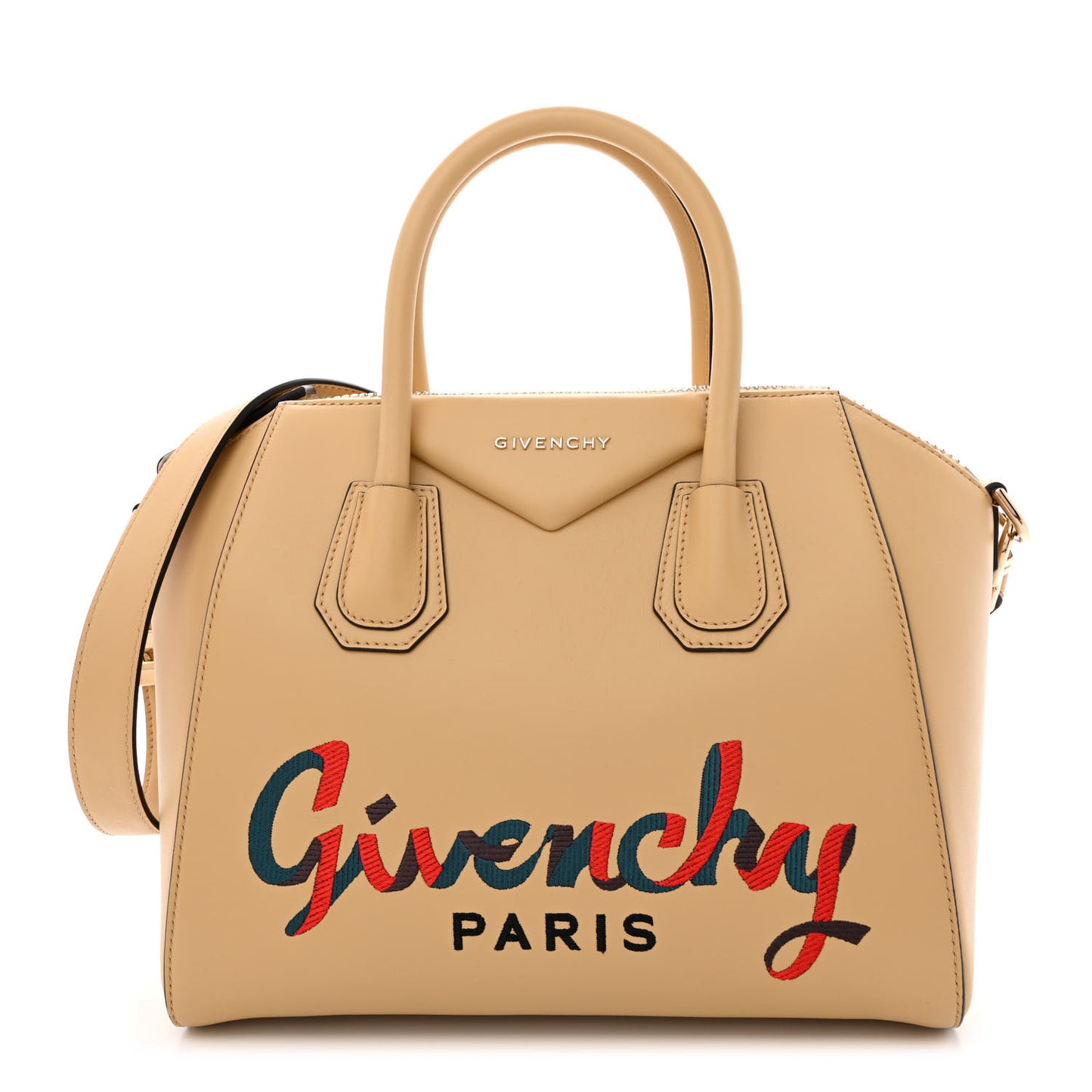 Calfskin Embroidered Logo Small Antigona Beige Camel