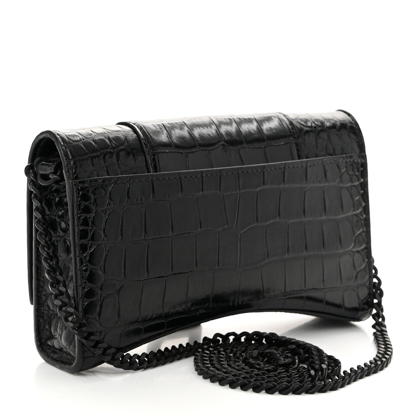 Shiny Calfskin Monochrome Crocodile Embossed Hourglass Chain Bag Black