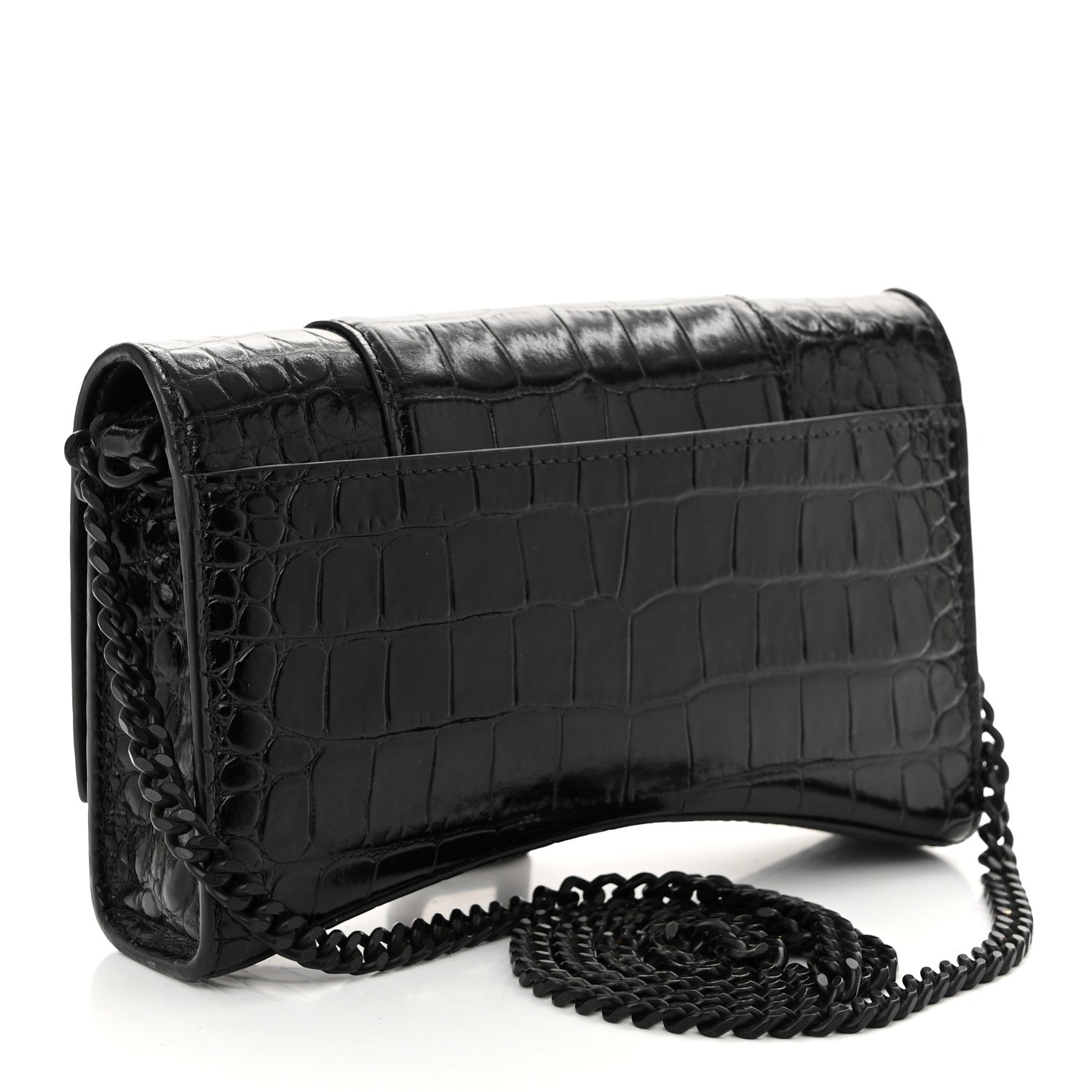 Balenciaga Shiny Calfskin Monochrome Crocodile Embossed Hourglass Chain Bag Black 3 of 13