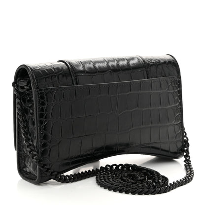 Balenciaga Shiny Calfskin Monochrome Crocodile Embossed Hourglass Chain Bag Black 3 of 13