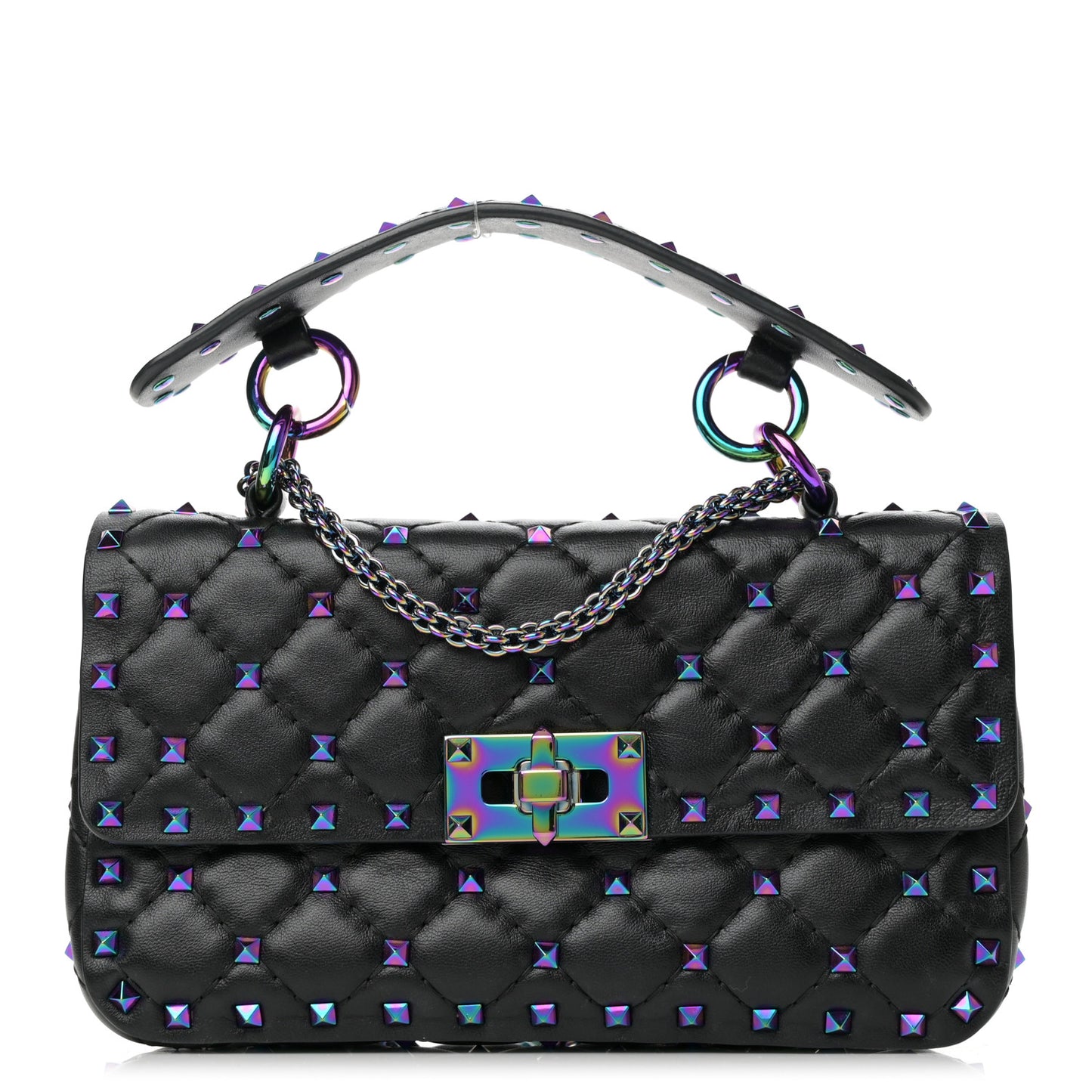 Lambskin Oil Slick Small Rockstud Spike Shoulder Bag Black