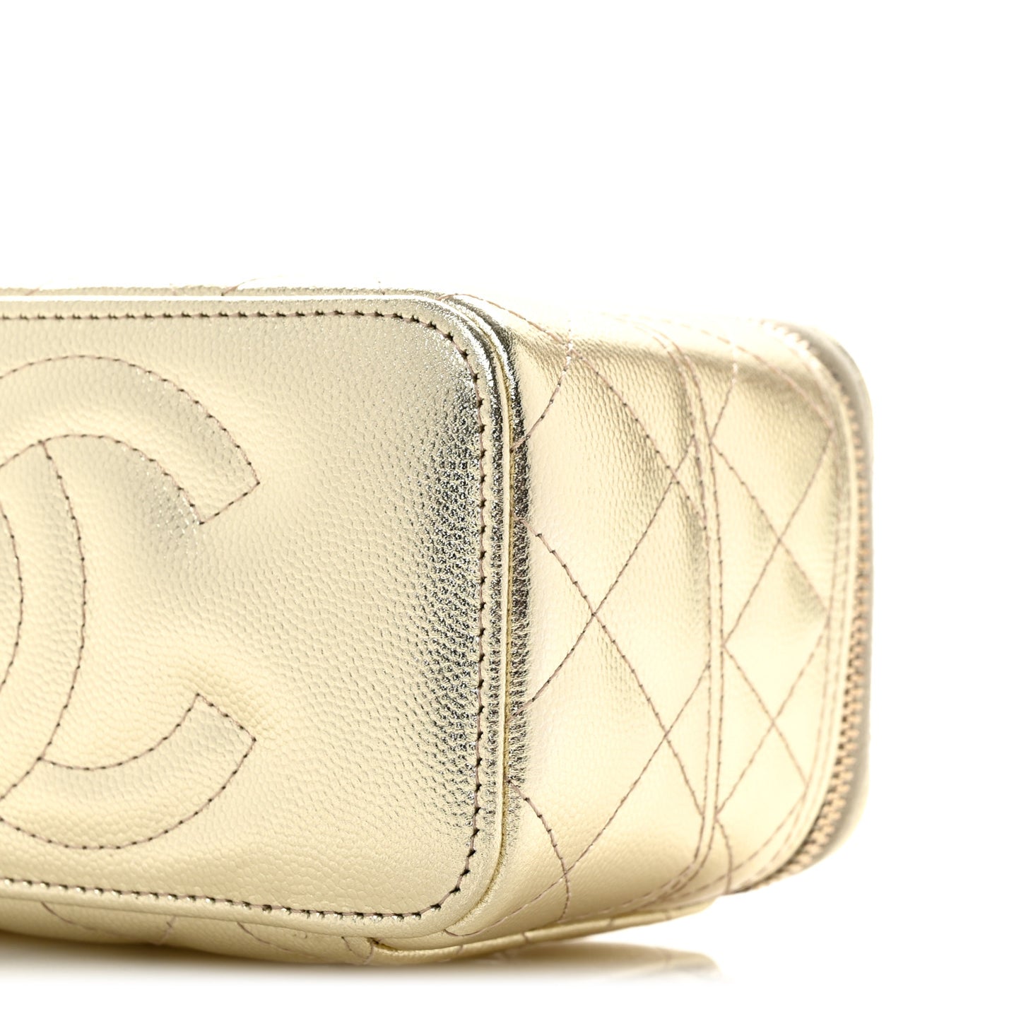 Metallic Caviar Quilted Trendy Handle Slim Vanity Gold