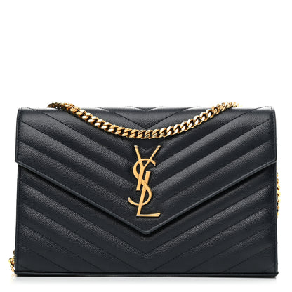 Saint Laurent Grain De Poudre Matelasse Chevron Monogram Chain Wallet Navy 1 of 15