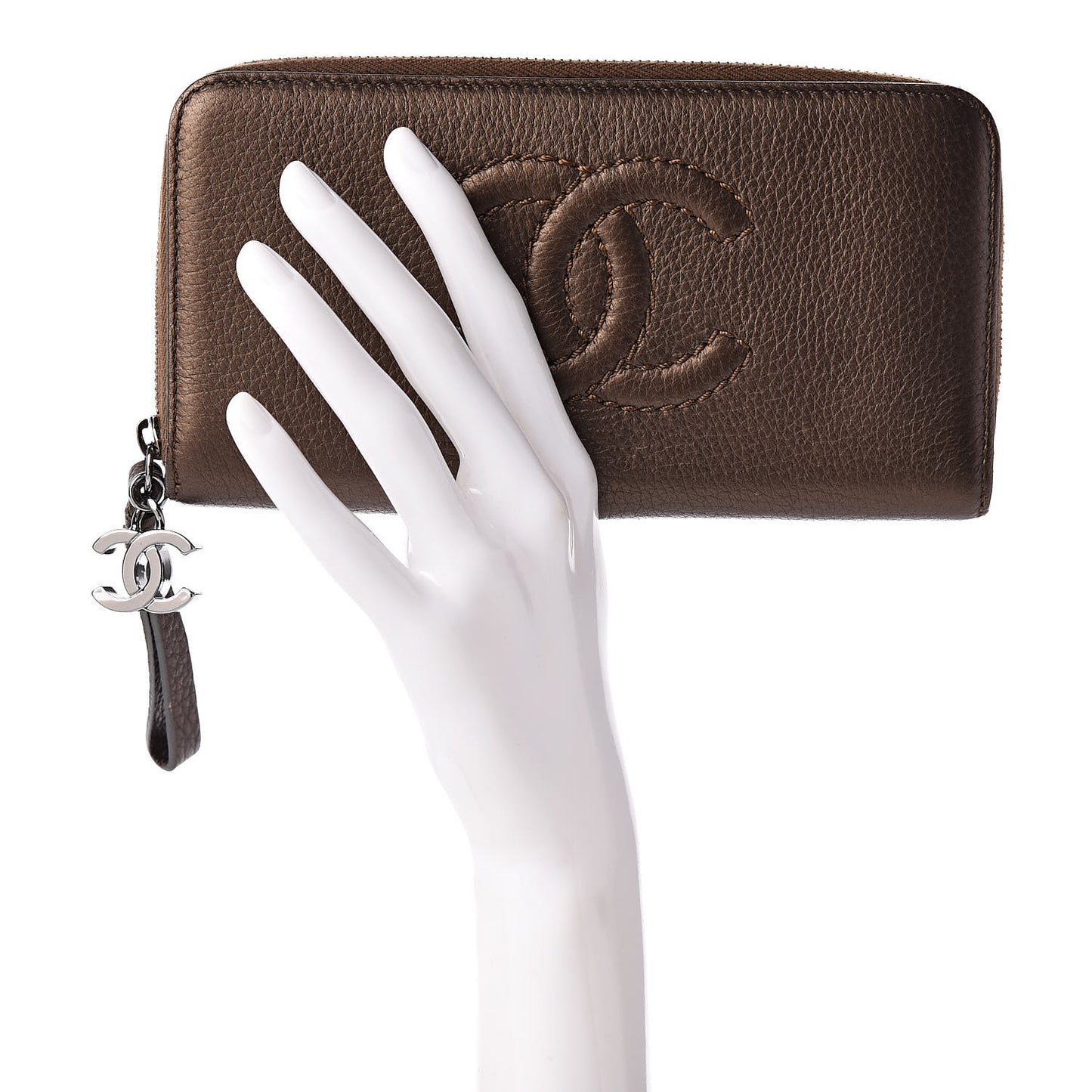 Metallic Calfskin Large Timeless Zip Around Wallet Brown