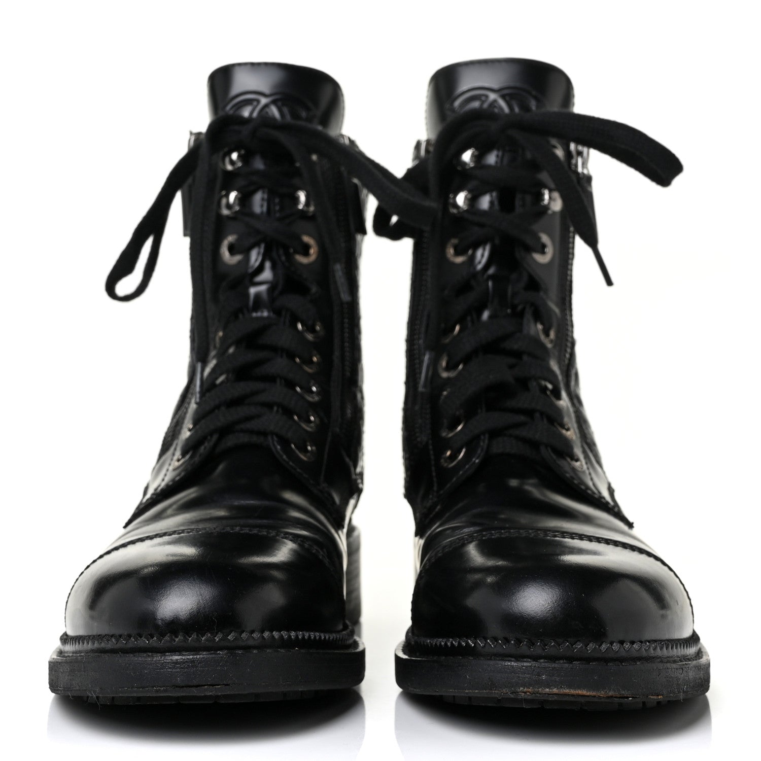 Chanel Calfskin Quilted Lace Up Combat Boots 38.5 Black 2 of 7