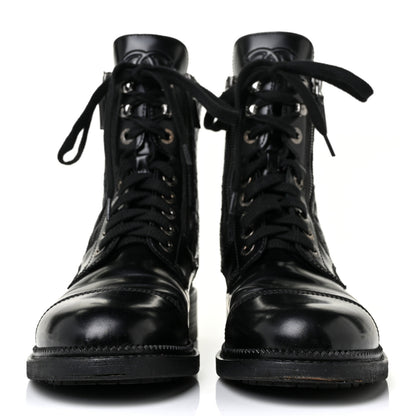 Chanel Calfskin Quilted Lace Up Combat Boots 38.5 Black 2 of 7