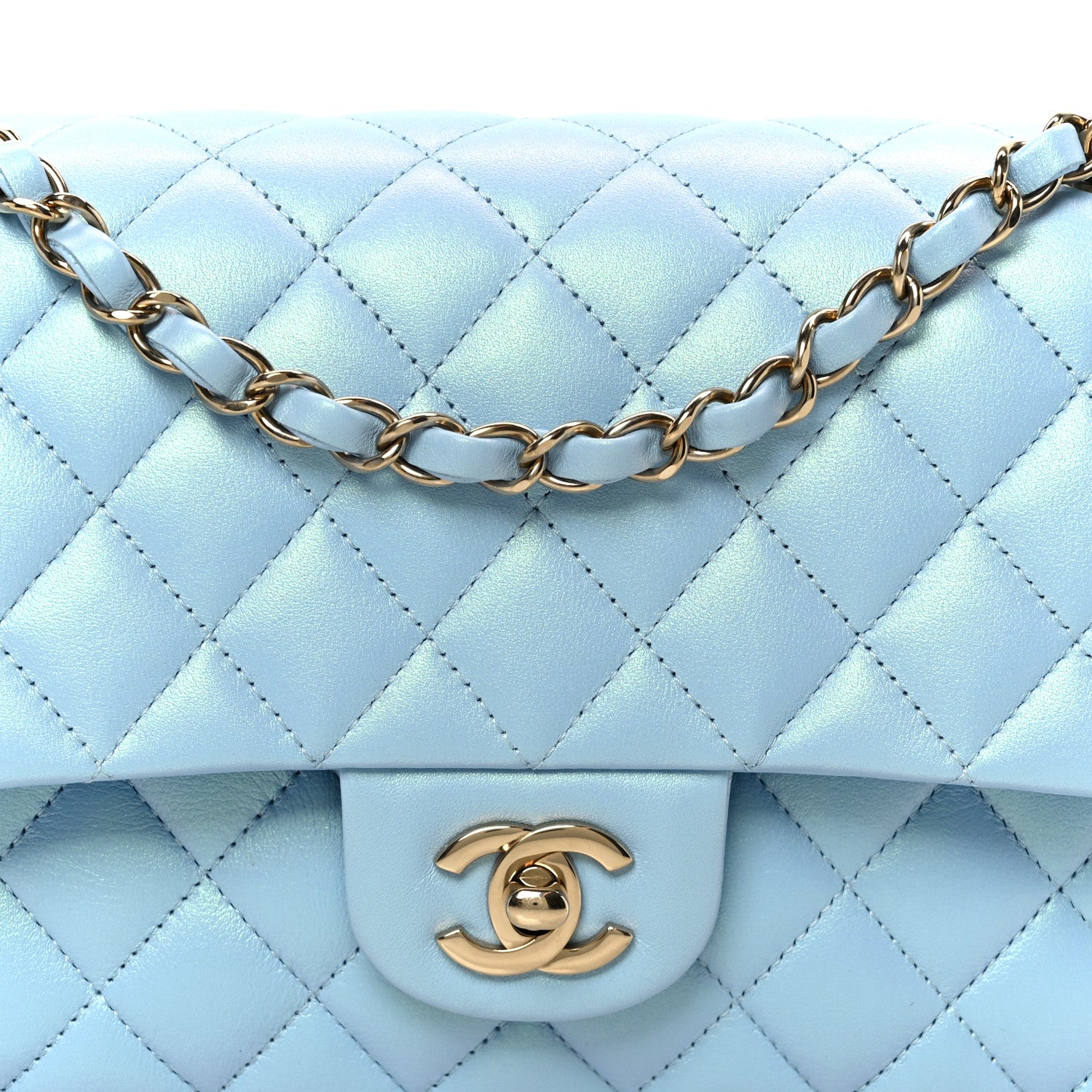 Chanel Iridescent Lambskin Quilted Medium Double Flap Light Blue