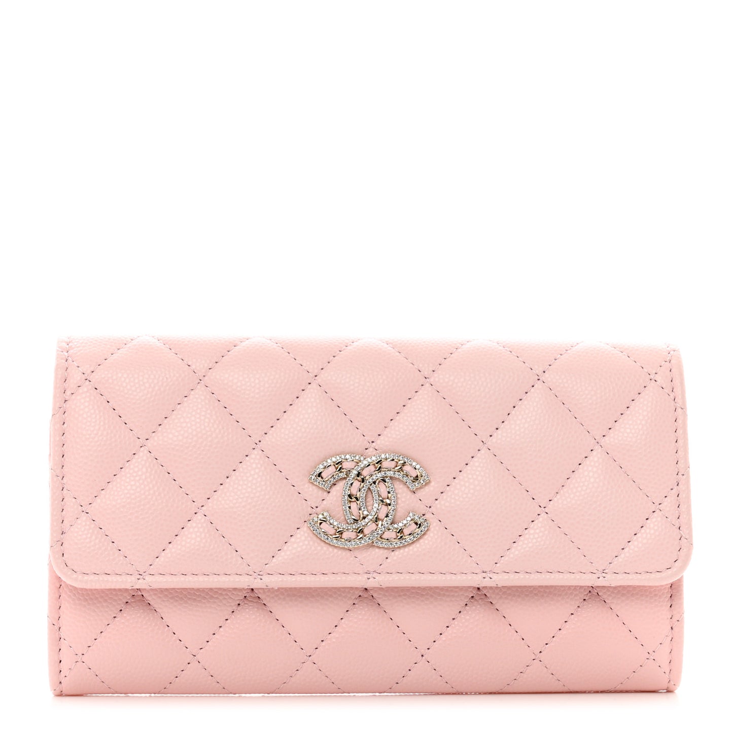 Caviar Quilted Crystal CC Large Gusset Flap Wallet Pink