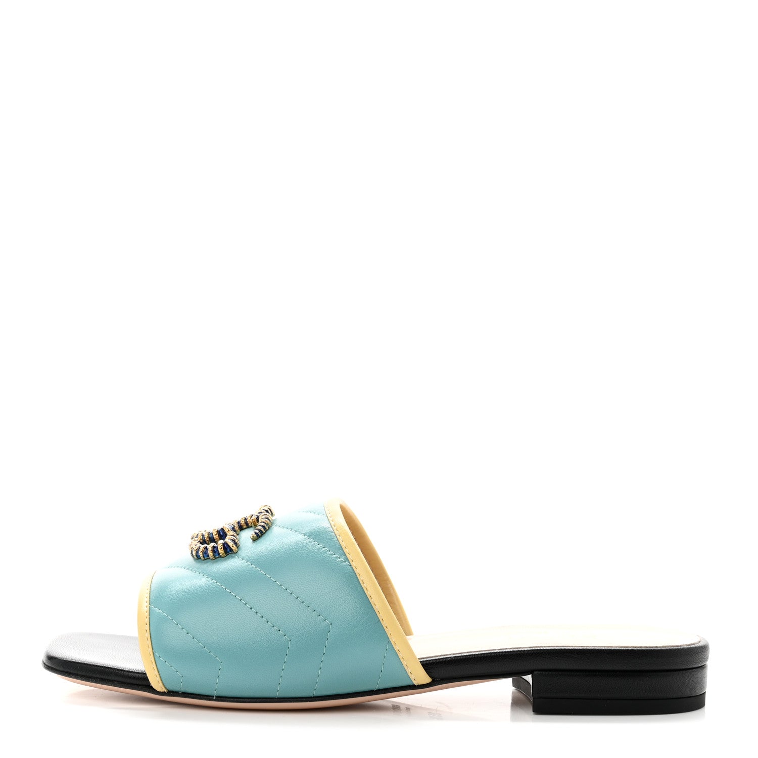 Gucci Malaga Kid Matelasse Enamel GG Marmont Flat Slide Sandals 35.5 35.5 Dusty Azure Burro 1 of 9