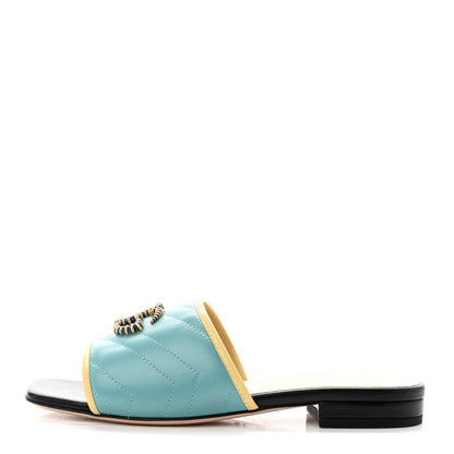 Gucci Malaga Kid Matelasse Enamel GG Marmont Flat Slide Sandals 35.5 35.5 Dusty Azure Burro 1 of 9