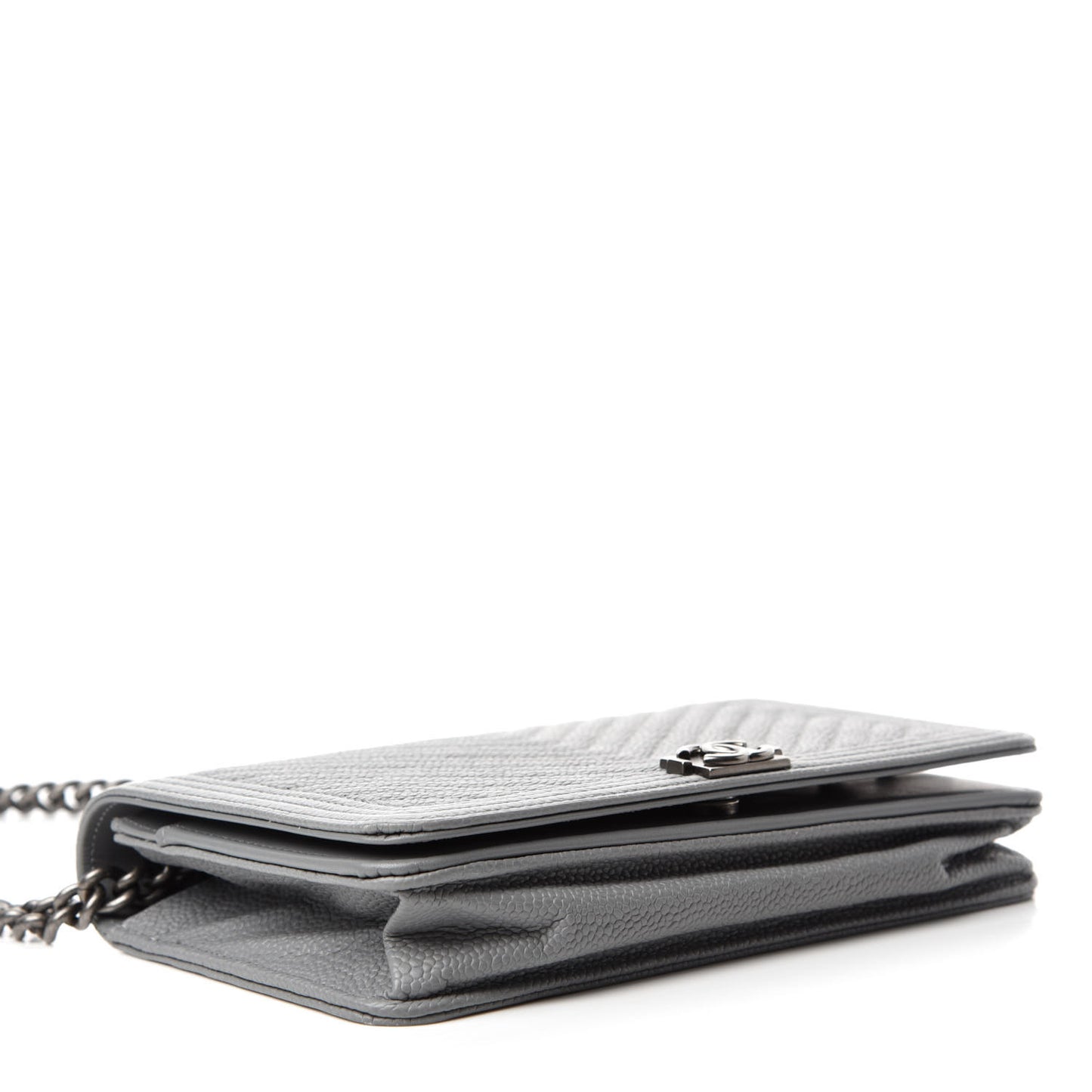 Caviar Chevron Quilted Boy Wallet On Chain WOC Grey