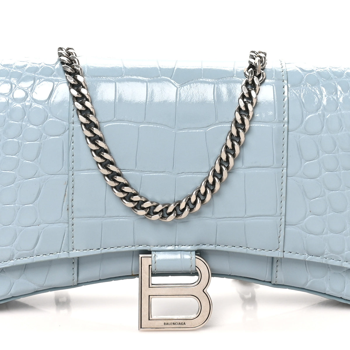 Shiny Calfskin Crocodile Embossed Hourglass Chain Bag Blue Grey