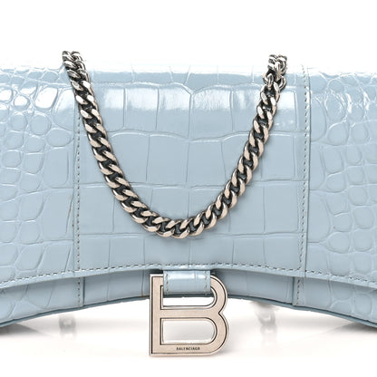 Balenciaga Shiny Calfskin Crocodile Embossed Hourglass Chain Bag Blue Grey 7 of 9