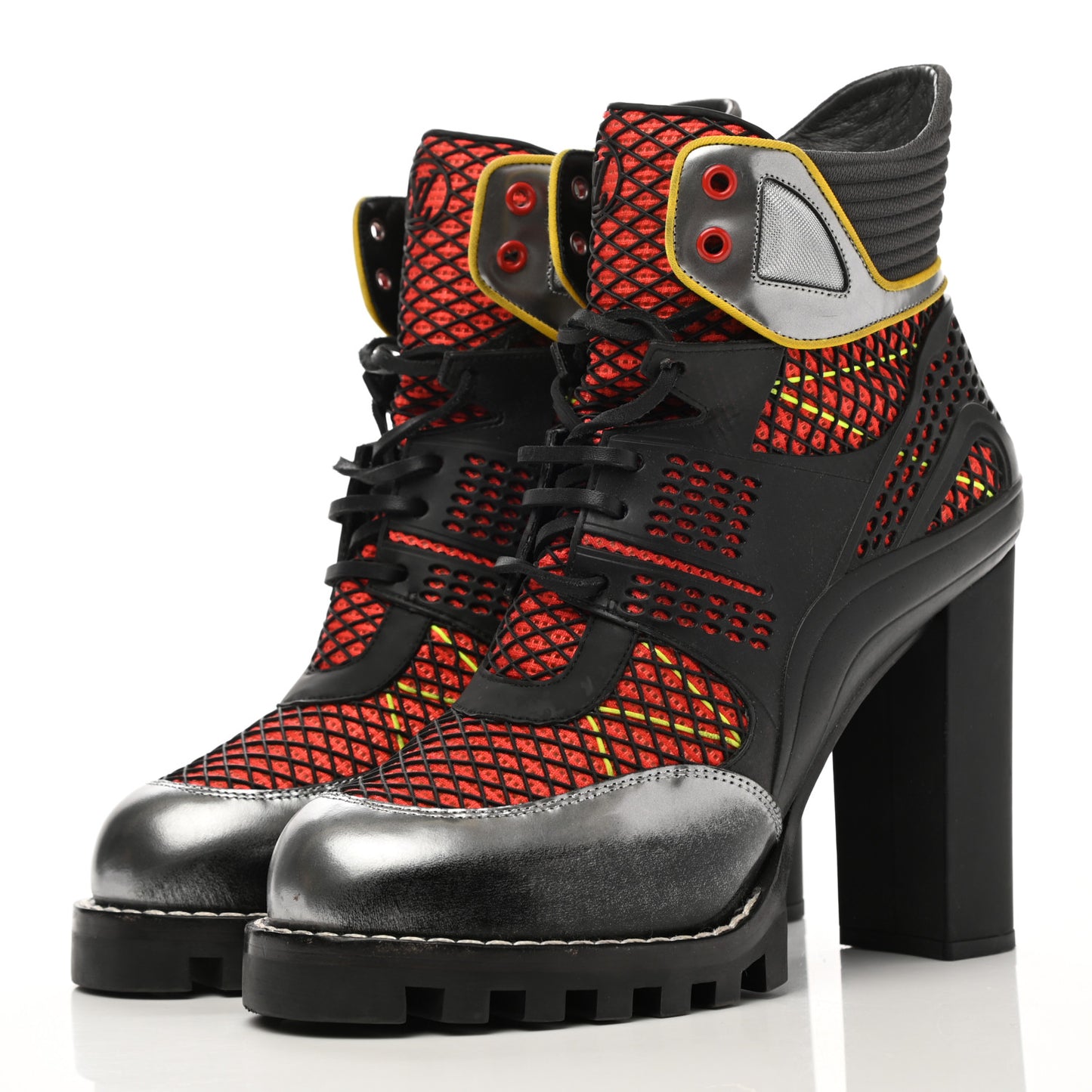 Metallic Calfskin Technical Fabric Digital Gate Ankle Boots 41 Black Red