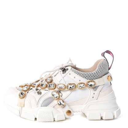 Gucci X SEGA Mesh Calfskin Suede Removable Crystals Womens Flashtrek Sneakers 37.5 Great White 1 of 7