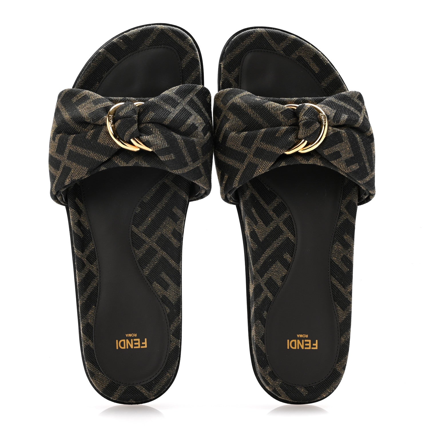 Fendi Fabric Jacquard Nappa FF Womens Fendi Feel Slide Sandals 38 Tobacco Black Miele Scuro 2 of 9