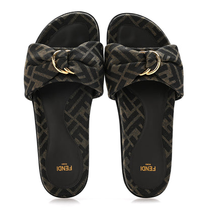 Fendi Fabric Jacquard Nappa FF Womens Fendi Feel Slide Sandals 38 Tobacco Black Miele Scuro 2 of 9