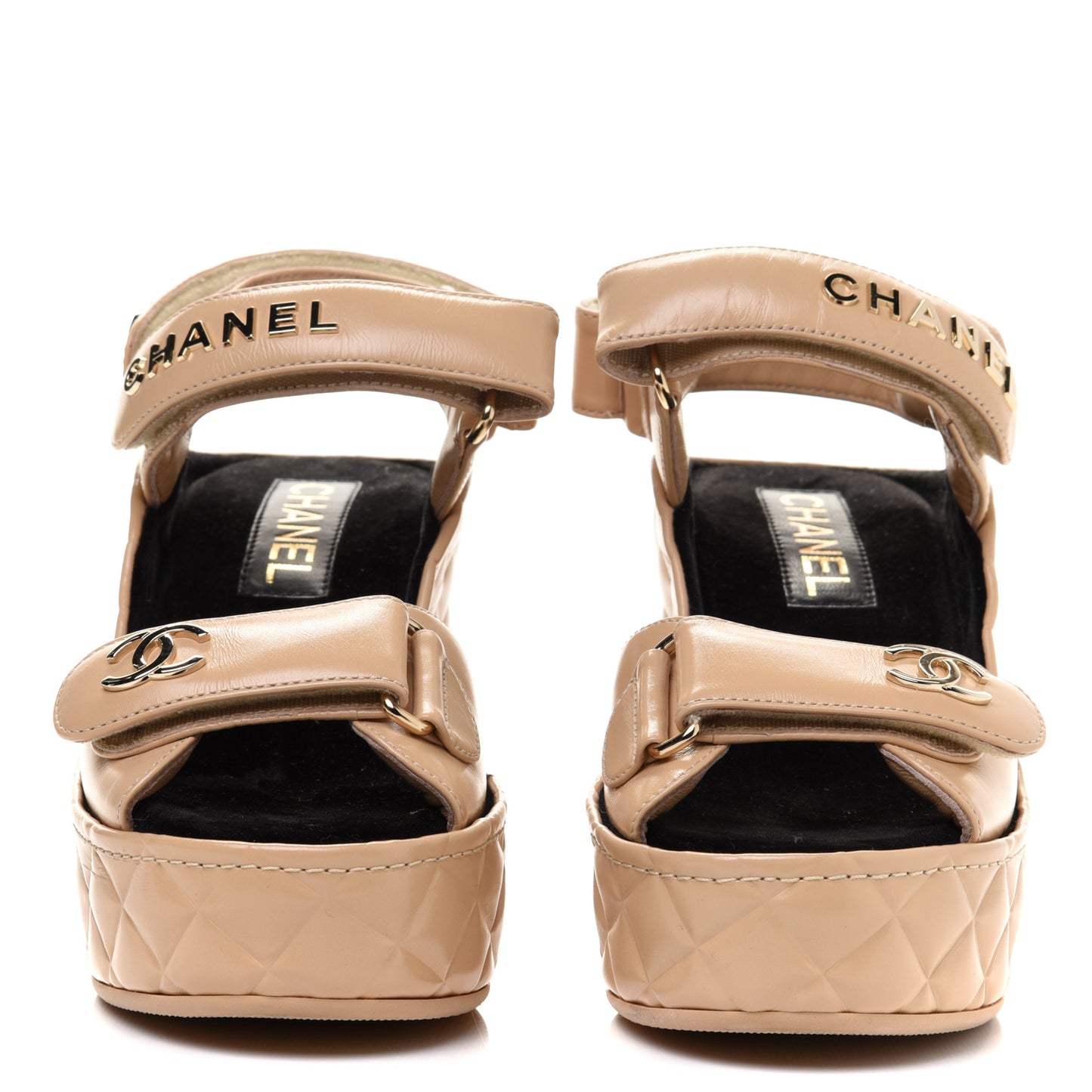 Shiny Calfskin Quilted Wedge Sandals 36 Beige