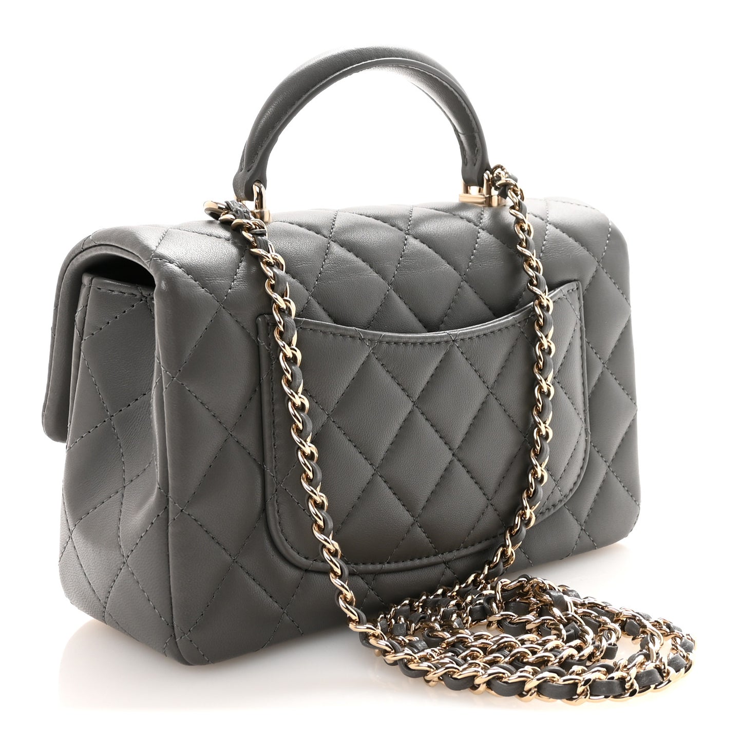 Lambskin Quilted Mini Top Handle Rectangular Flap Dark Grey