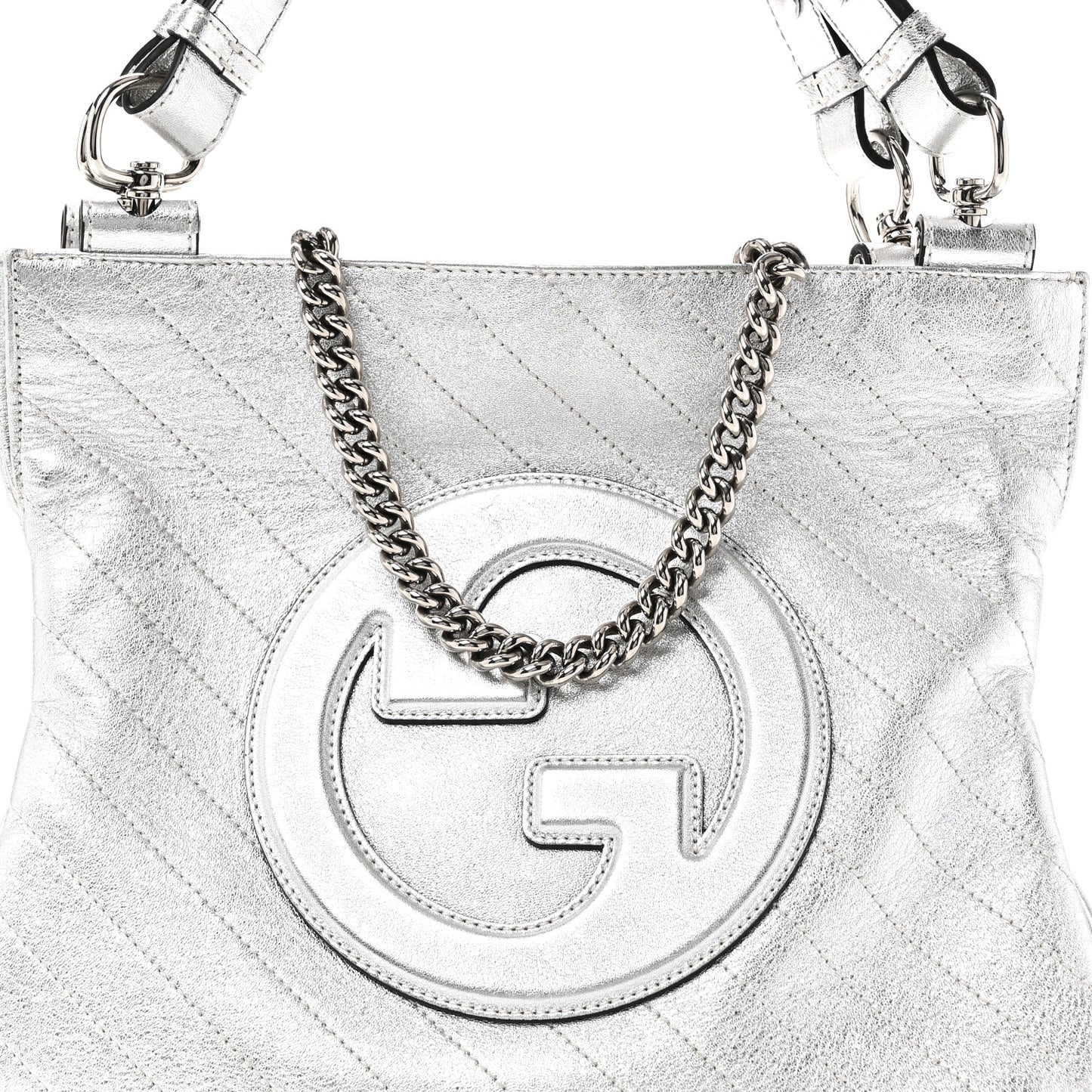Sakai Be Green Calfskin Diagonal Stitched Small Blondie Tote Silver