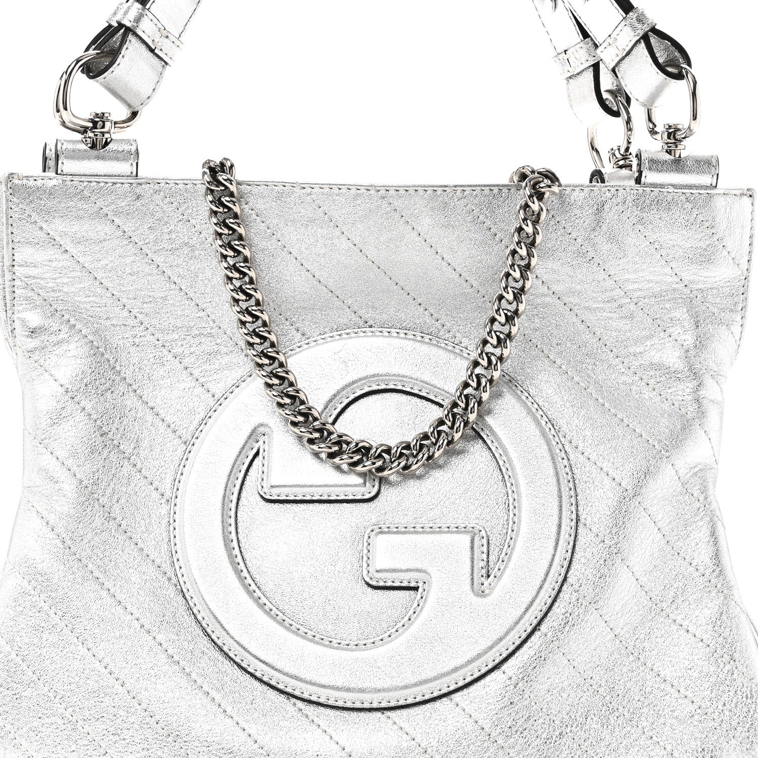 Gucci Sakai Be Green Calfskin Diagonal Stitched Small Blondie Tote Silver 7 of 9