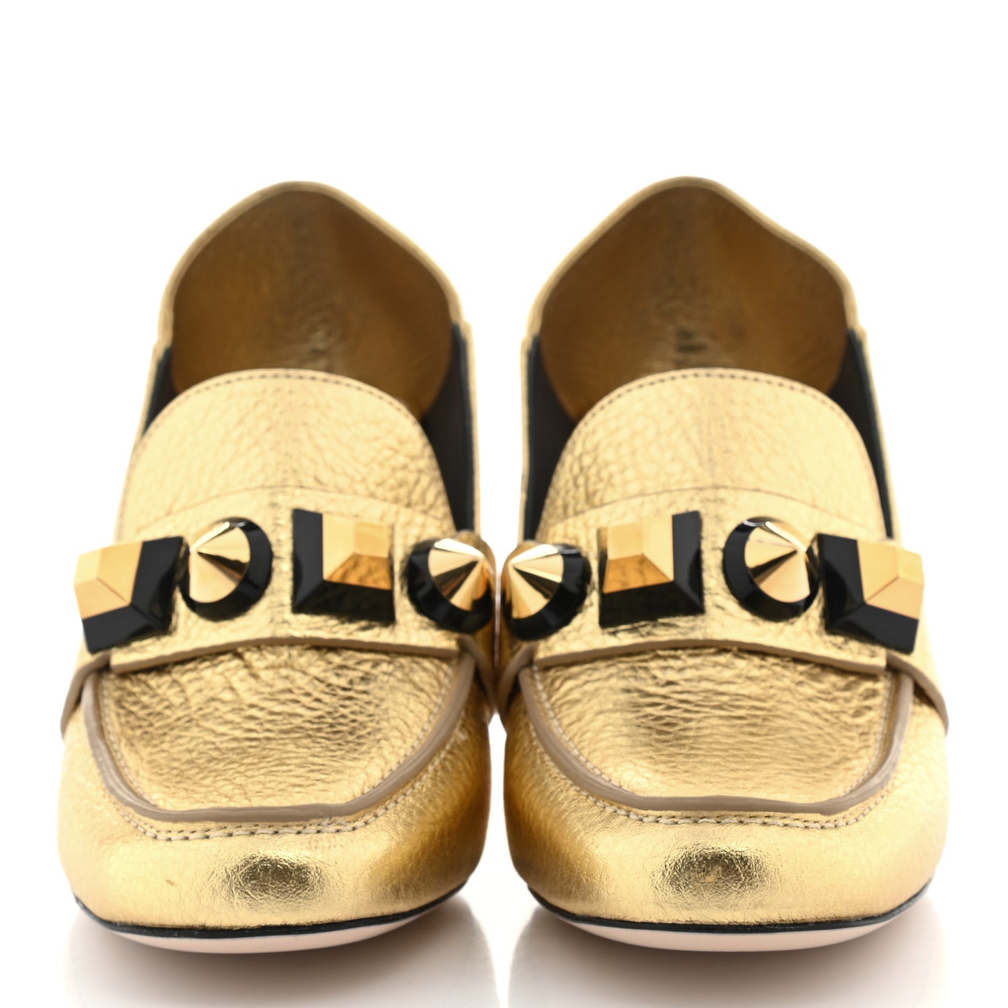 Calfskin Studded Mid-Heel Loafer Pumps 36 Gold Black