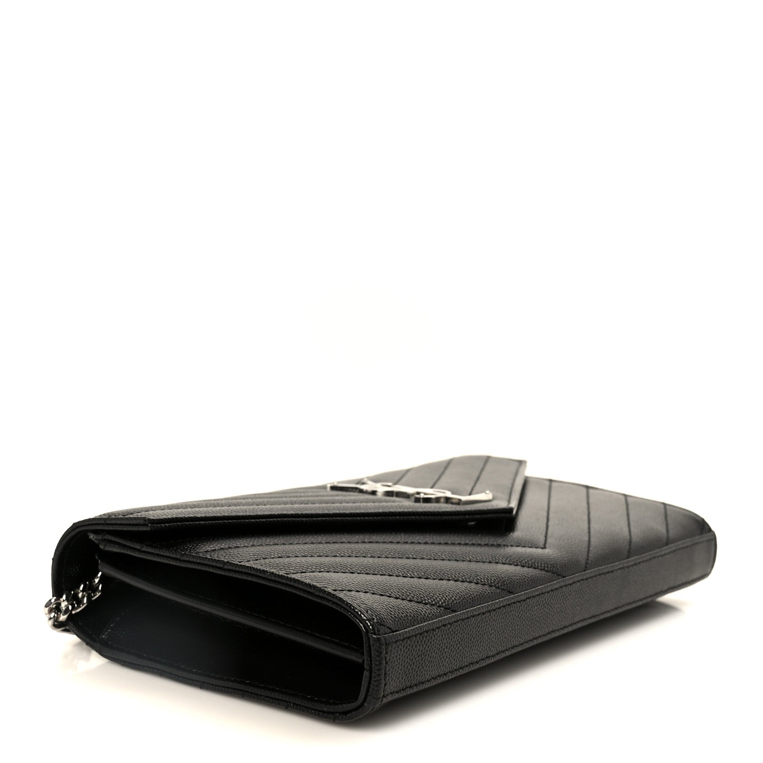 Saint Laurent Grain De Poudre Matelasse Chevron Monogram Chain Wallet Black 4 of 9