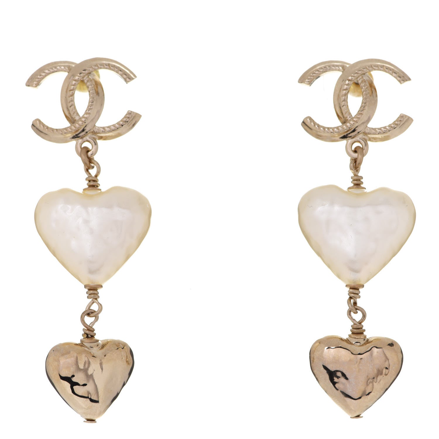 Chanel Pearl CC Double Heart Drop Earrings Gold 1 of 5