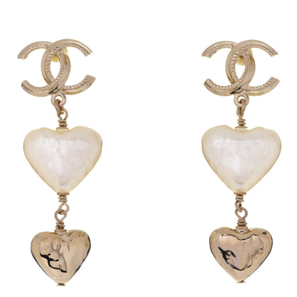 Chanel Pearl CC Double Heart Drop Earrings Gold 1 of 5