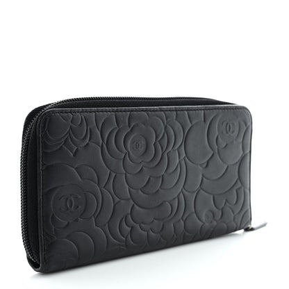 Chanel Lambskin Camellia Embossed Large Zip Around Gusset Wallet Black 3 of 10