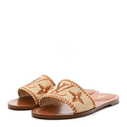Louis Vuitton Raffia Calfskin Monogram Lock It Flat Mules 38 Cognac Brown 3 of 8