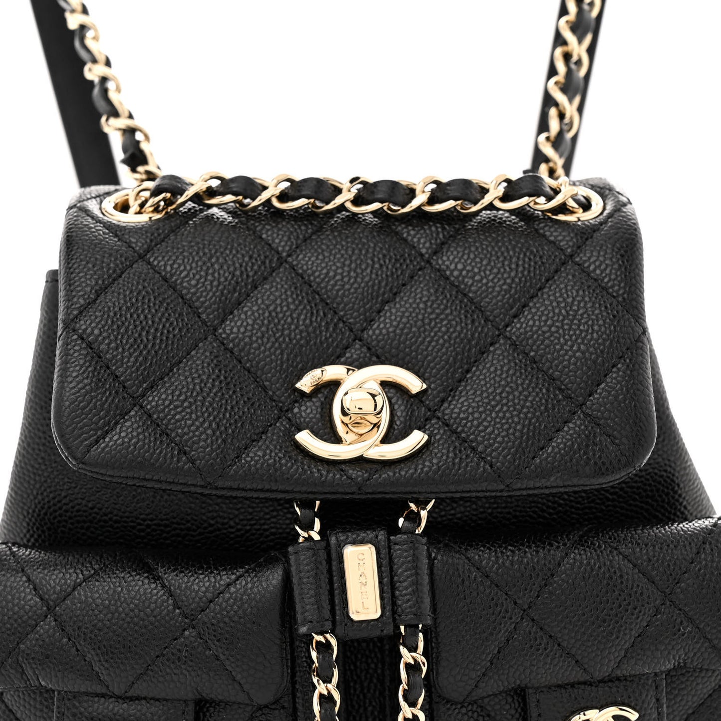 Shiny Caviar Quilted Small Duma Pockets Drawstring Backpack Black