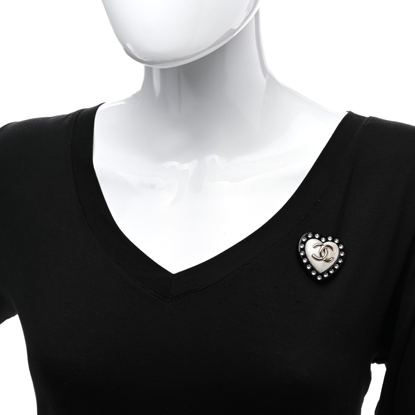 Crystal Pearl CC Heart Brooch Gold Black White