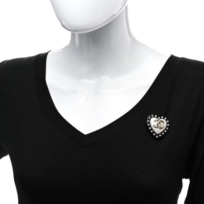 Chanel Crystal Pearl CC Heart Brooch Gold Black White 2 of 6