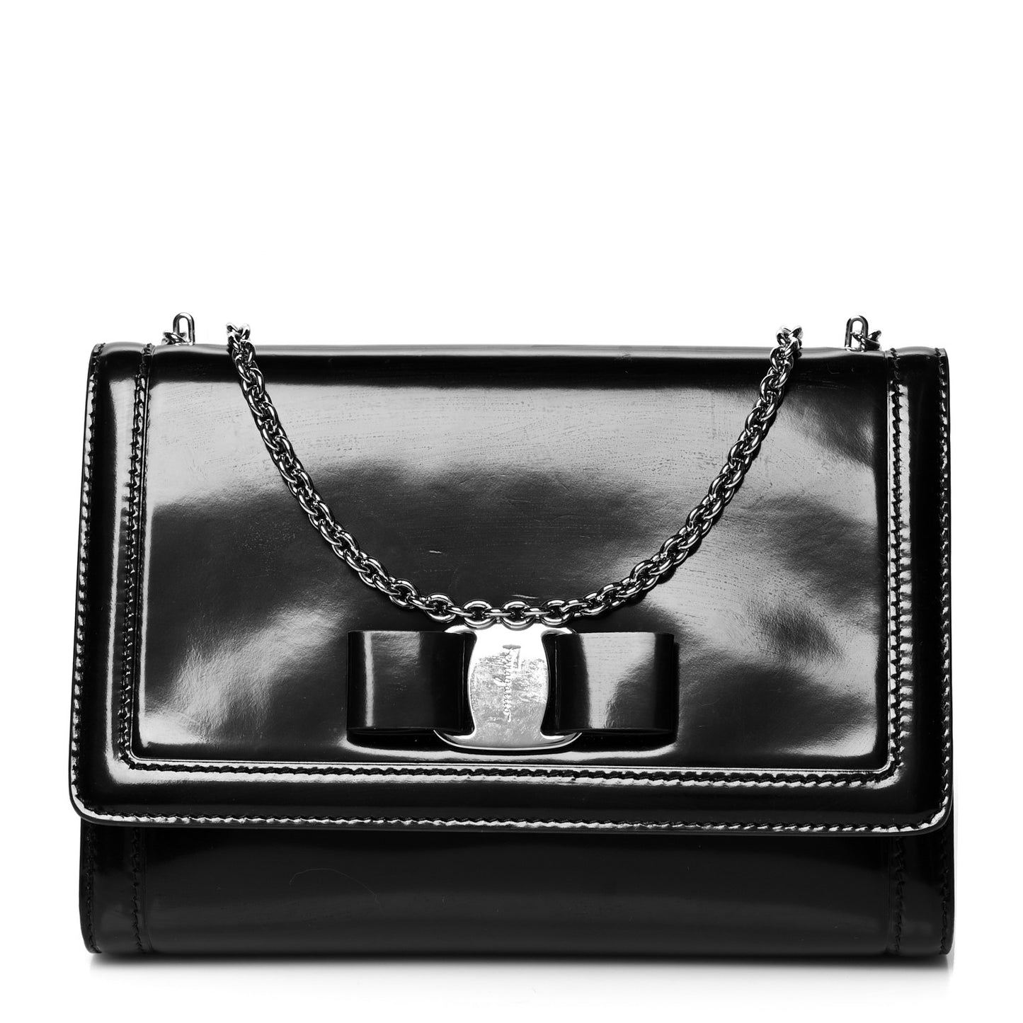 Patent Calfskin Vara Bow Chain Flap Crossbody Black