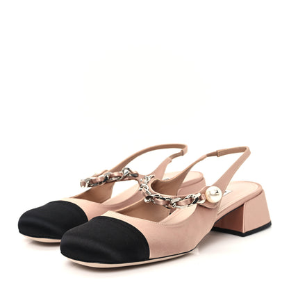 Miu Miu Satin Chain Pearl Slingback Pumps 39 Cammeo Black 4 of 9