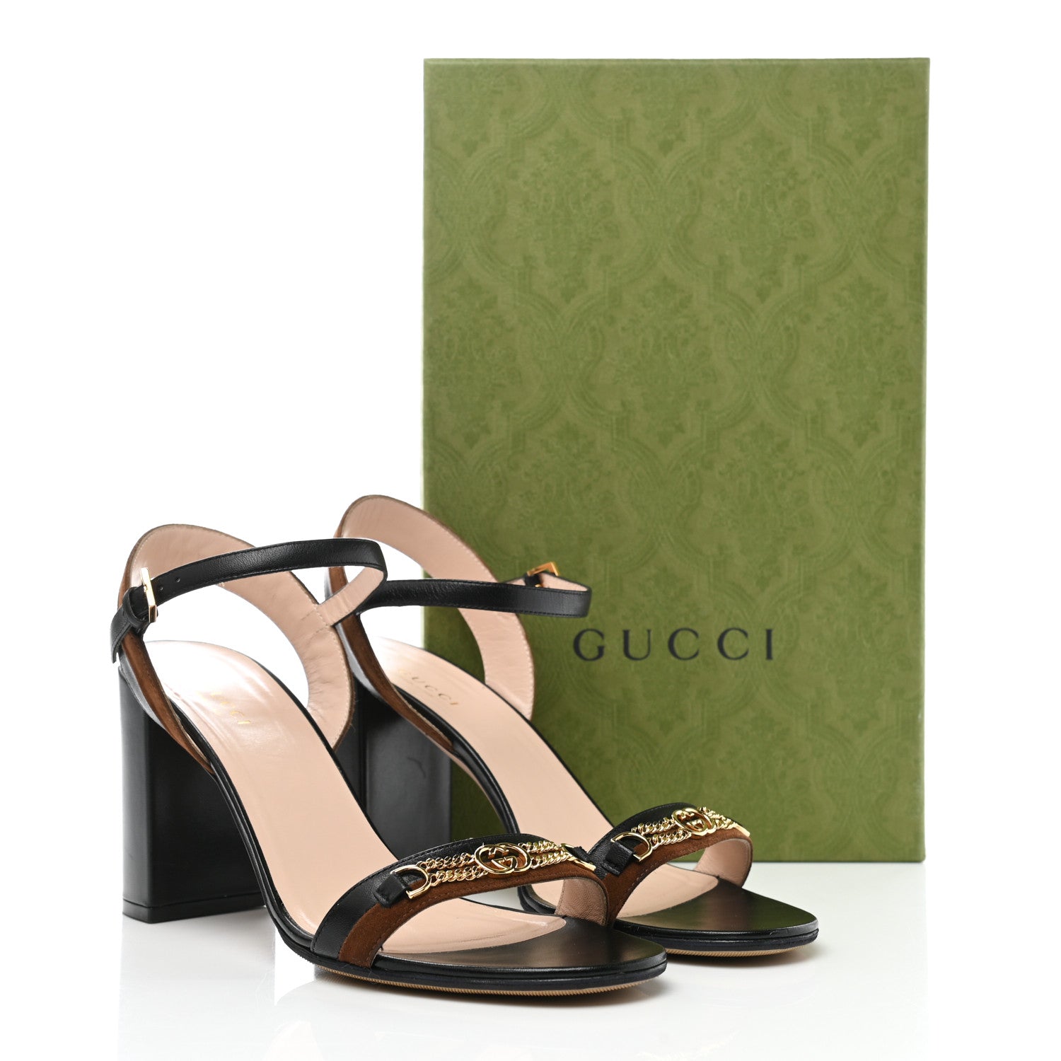 Gucci Calfskin Suede Ava Chain Heel Sandals 39.5 Black 9 of 9