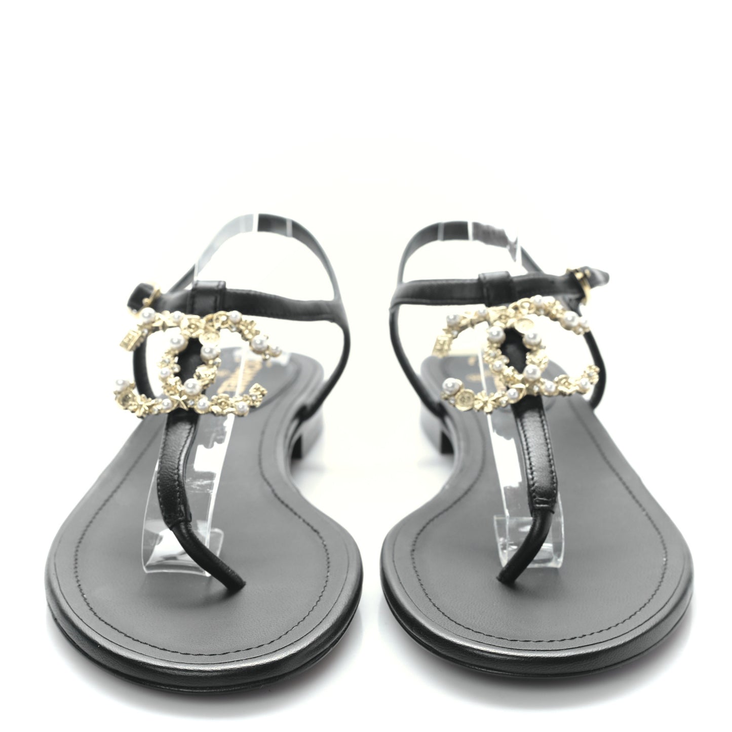 Lambskin Pearl Crystal CC Thong Sandals 37.5 Black