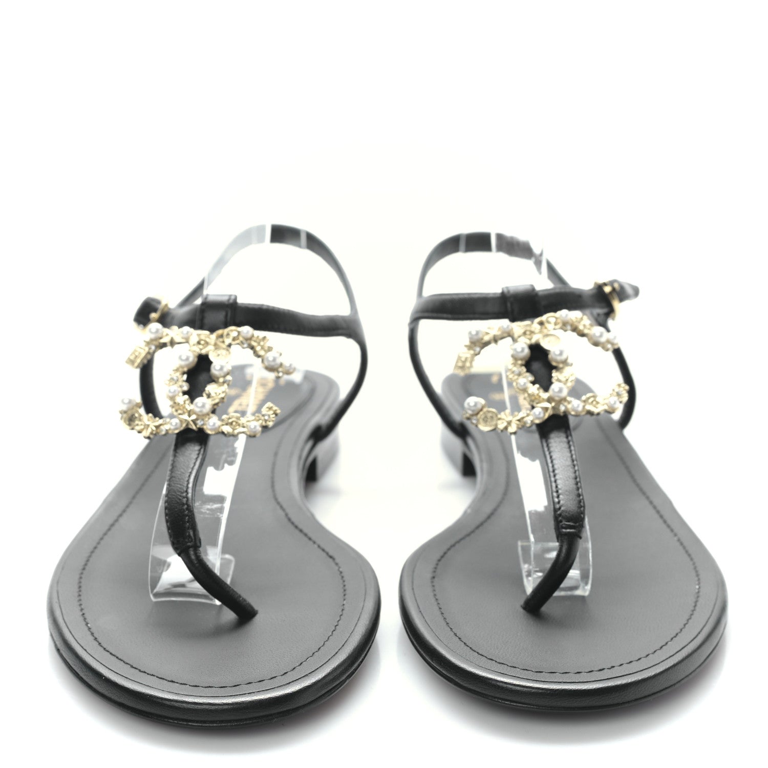 Chanel Lambskin Pearl Crystal CC Thong Sandals 37.5 Black 2 of 7