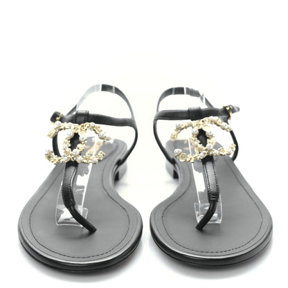 Chanel Lambskin Pearl Crystal CC Thong Sandals 37.5 Black 2 of 7